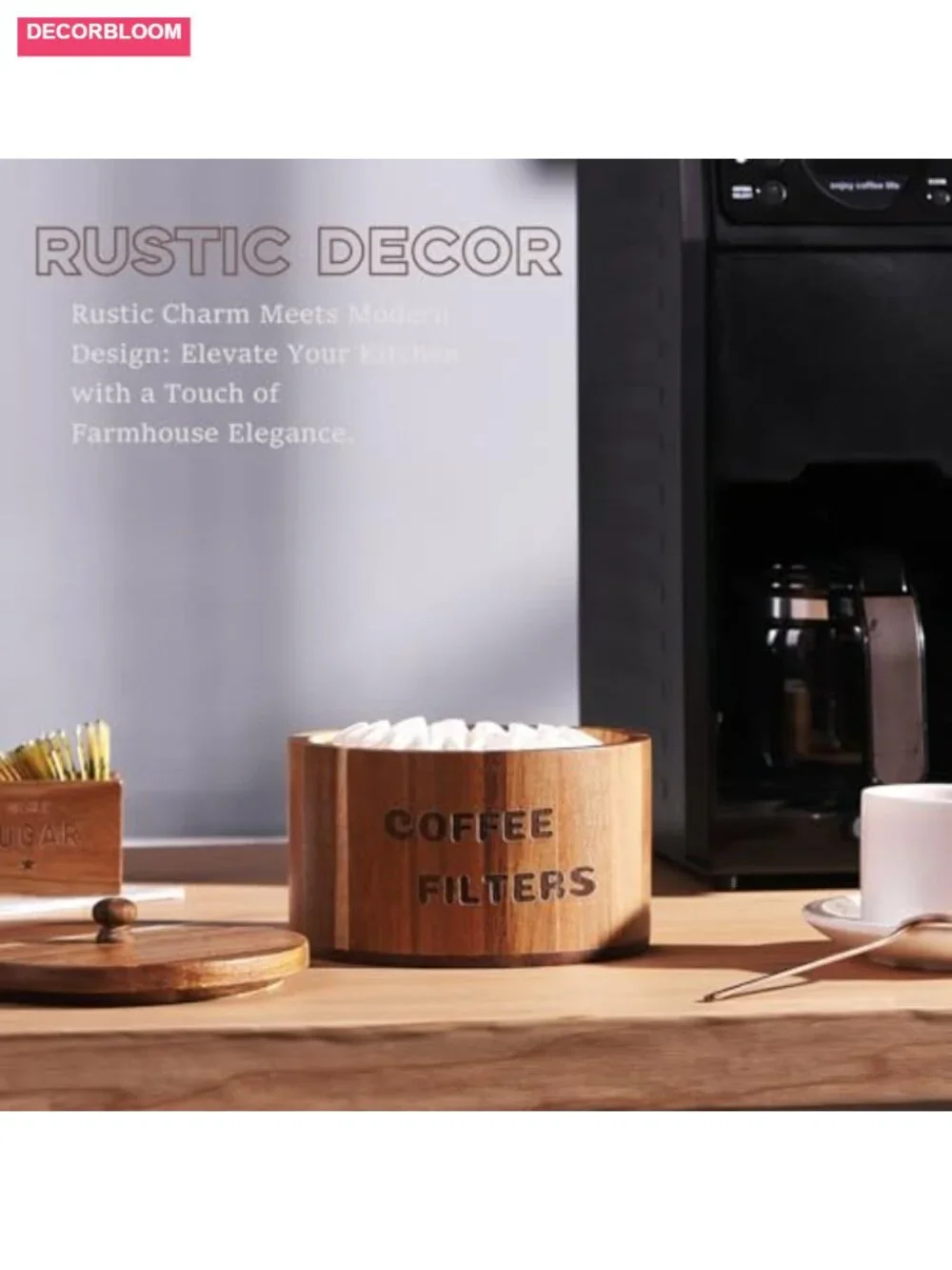 Acacia Wood Coffee Filter Holder with Lid - Rustic Kitchen Counter Organizer &